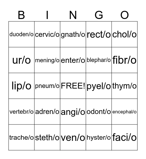 Combining Form Medical Terms Bingo Card