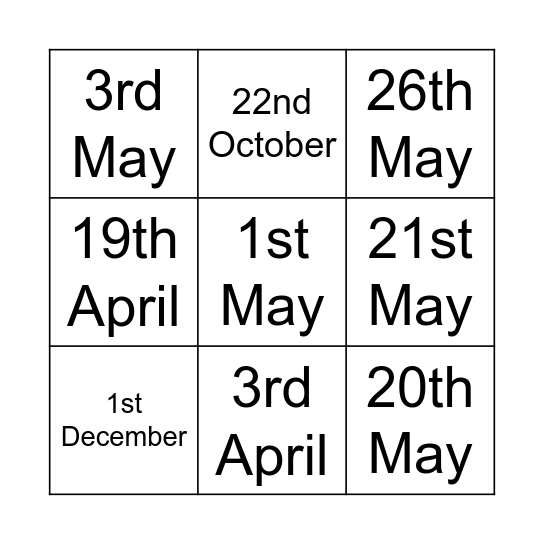 When is your birthday? Bingo Card