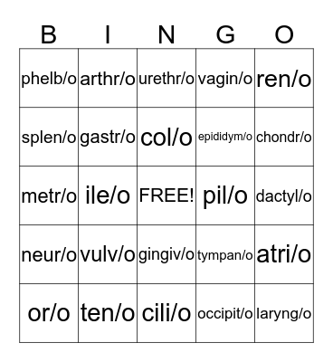 Combining Form Medical Terms Bingo Card