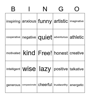 Personality Bingo Card