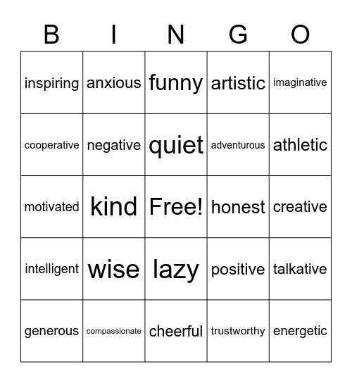 Personality Bingo Card