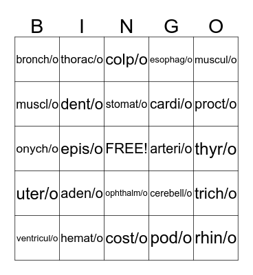 Combining Form Medical Terms Bingo Card