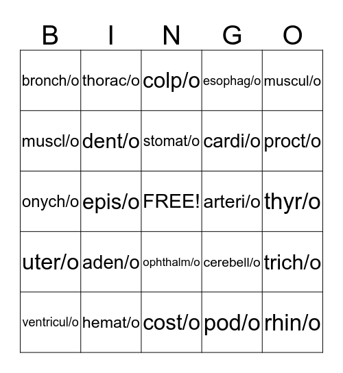 Combining Form Medical Terms Bingo Card