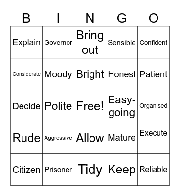 Vocabulary Review Bingo Card