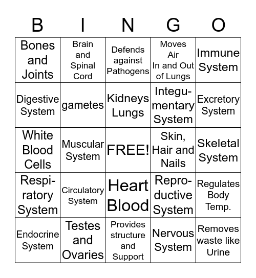 Body Systems Bingo Card