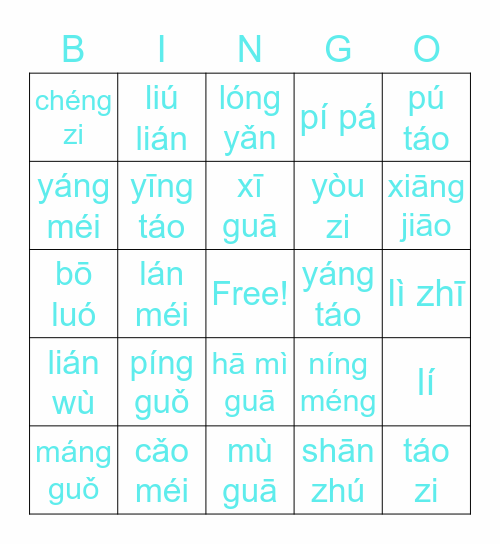 pīn yīn Bingo Card