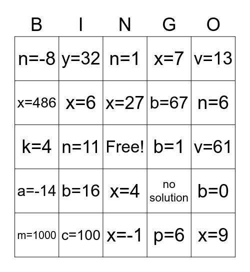 Solving Square Root Equations BINGO Card