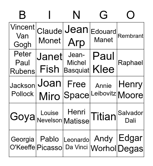 Artists    Bingo Card