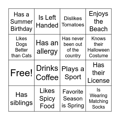 Icebreaker Bingo Card