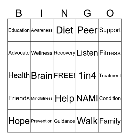 NAMIWalks Dallas Bingo Card