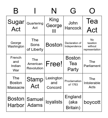 Causes of American Revolution Bingo Card