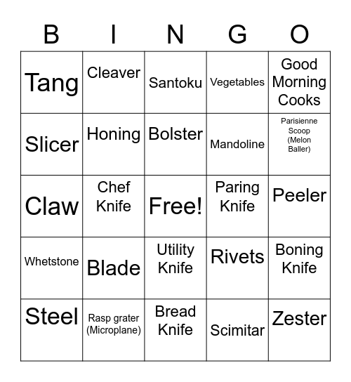Knife Bingo Card