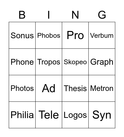 Greek and latin roots Bingo Card