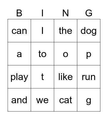 Kindergarten Bingo Card