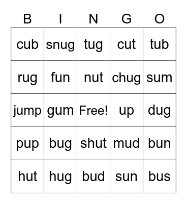 Short u words Bingo Card