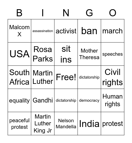 Civil  Rights Bingo Card