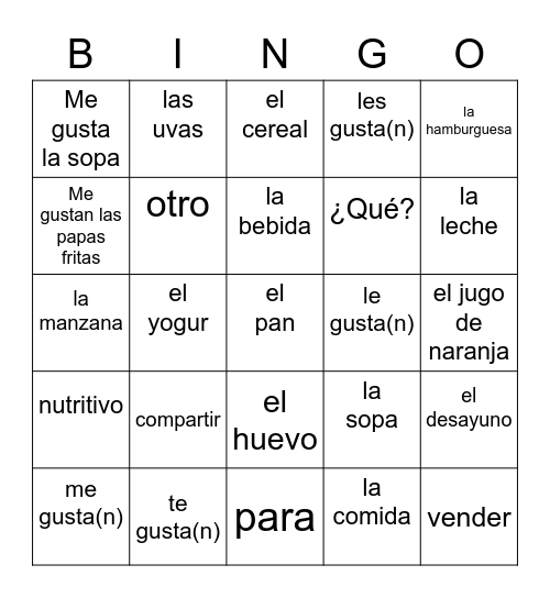 Avancemos 1 3.1 Bingo Card