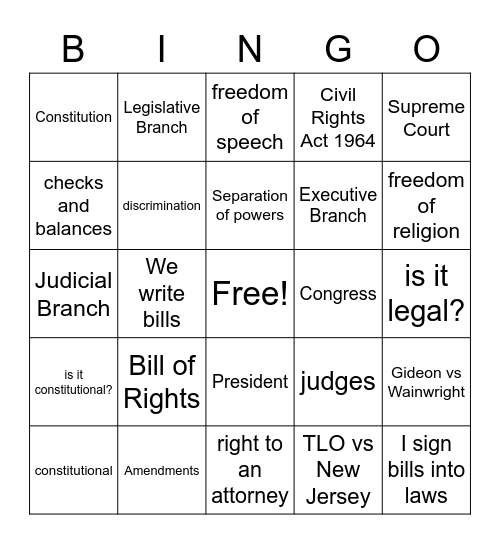 Constitution Academic Vocabulary Bingo Card