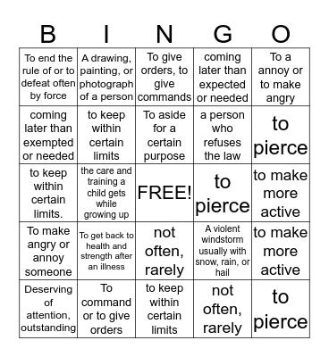 word work Bingo Card