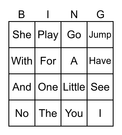 Sight Word Unit 1 Bingo Card