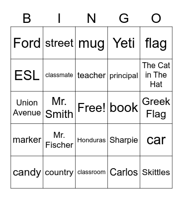 Common and Proper nouns Bingo Card