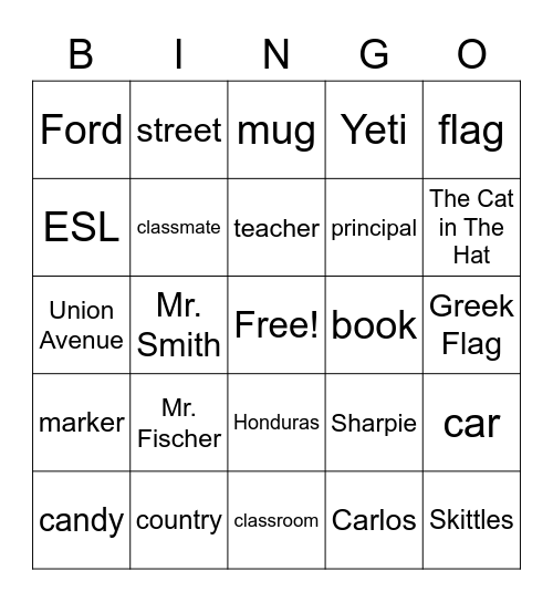 Common and Proper nouns Bingo Card