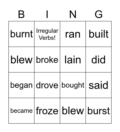 Irregular Verbs Bingo Card