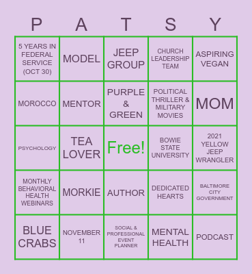 BINGO ABOUT PATSY! Bingo Card