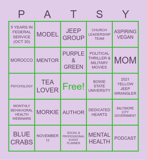 BINGO ABOUT PATSY! Bingo Card