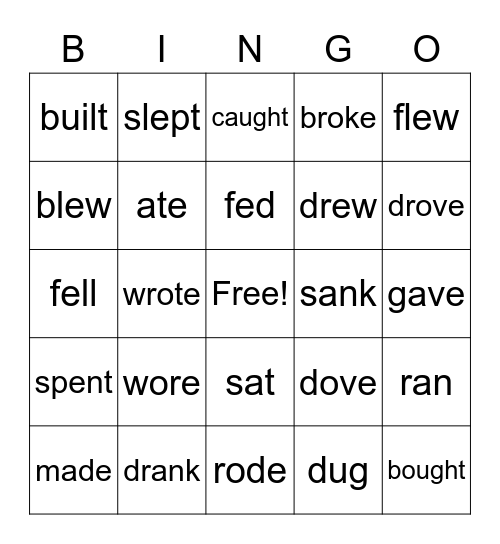 Irregular Past Tense Verbs Bingo Card