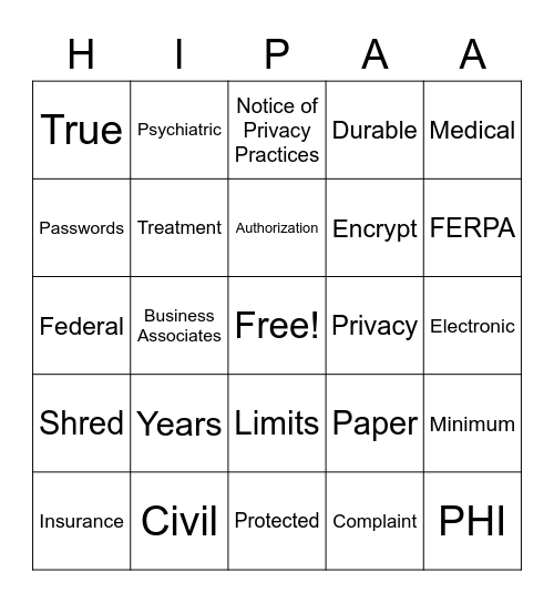 HIPAA Bingo Card