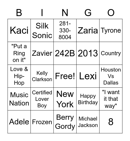 Music Nation Bingo Card