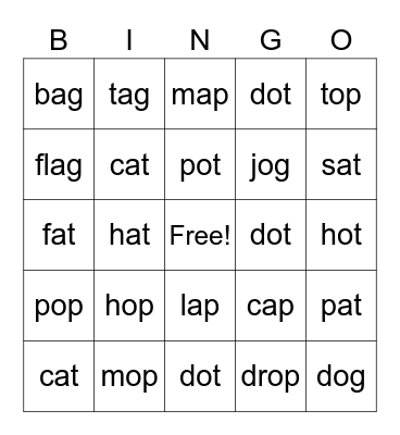 SHORT 'A' & 'O' Bingo Card