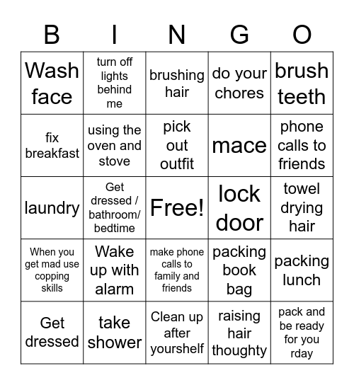 morning and Afternoon Bingo Card