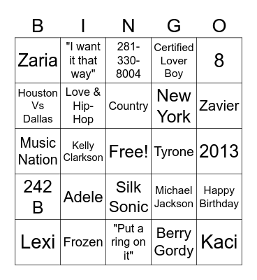Music Nation Bingo Card