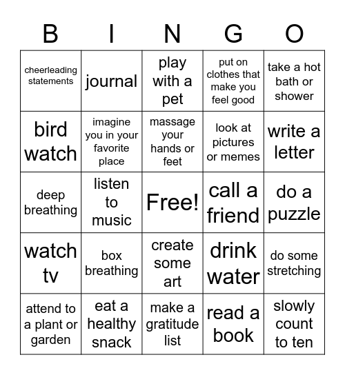 Coping Skills Bingo Card