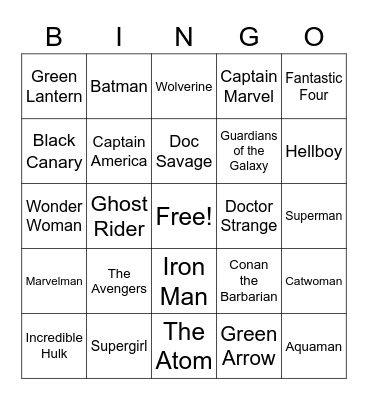 Superhero Bingo Card