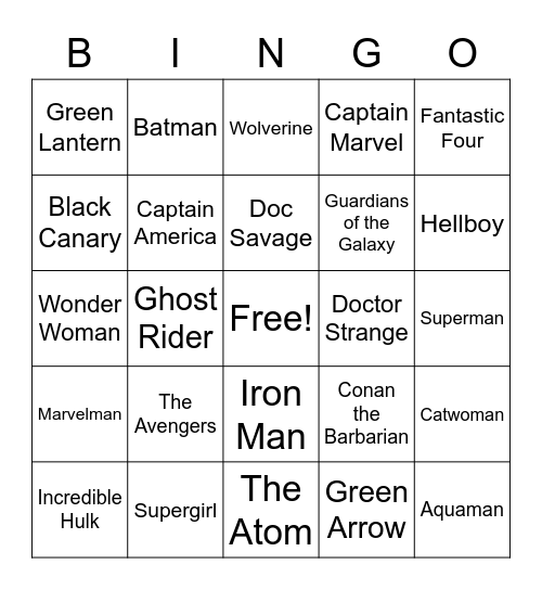 Superhero Bingo Card