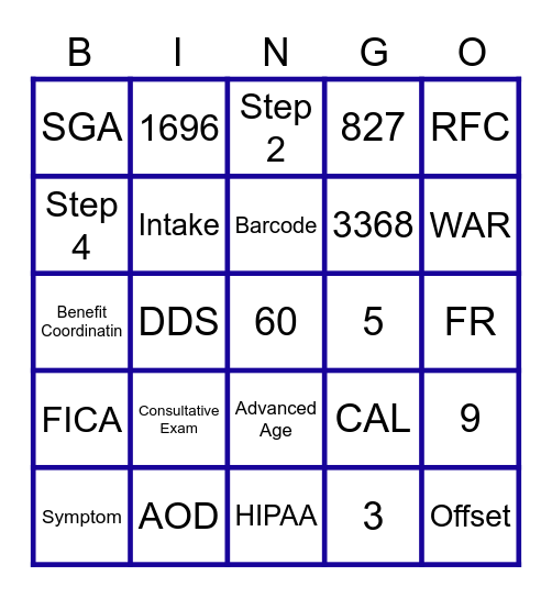 SSDI Bingo Card