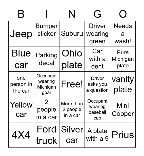Parking Lot Bingo Card