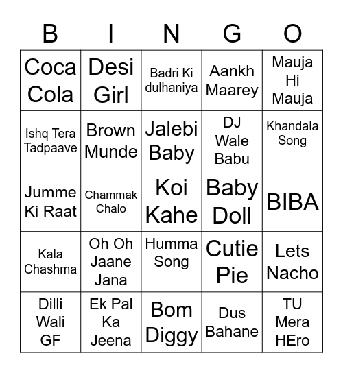 Bollywood Bingo Card