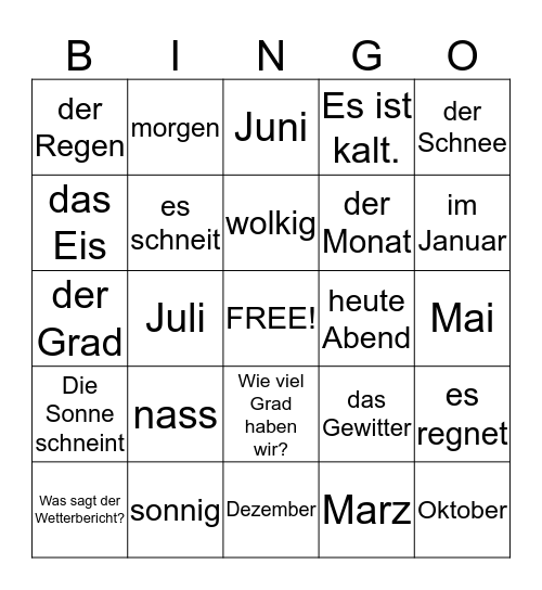 German 1 Kapitel 7 Bingo Card