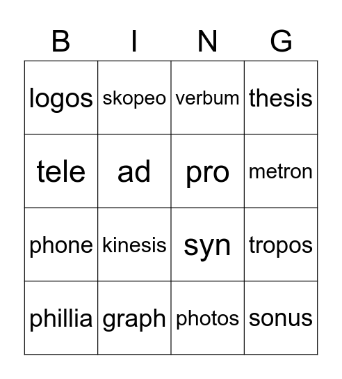 Root words Bingo Card