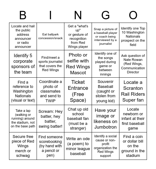 Red Wings Minor League Baseball Bingo Card