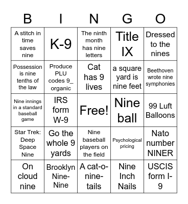 Number 9 Bingo Card