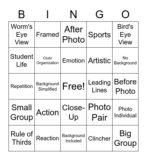 Yearbook Photography Bingo Card