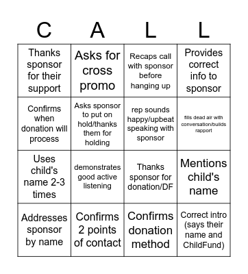 Call Listening Bingo Card