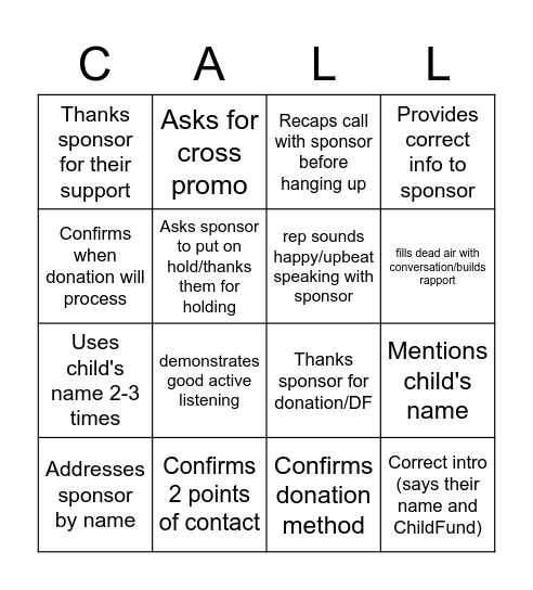 Call Listening Bingo Card