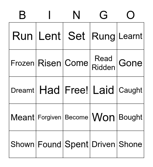 Past Participle Irregular Vers Bingo Card