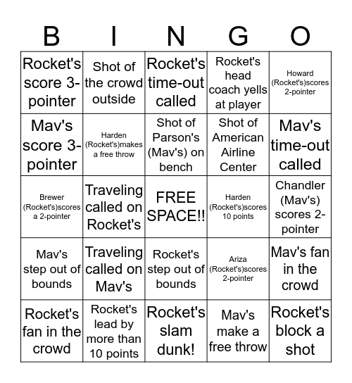 Rocket's & Mav's Bingo Sheet Bingo Card